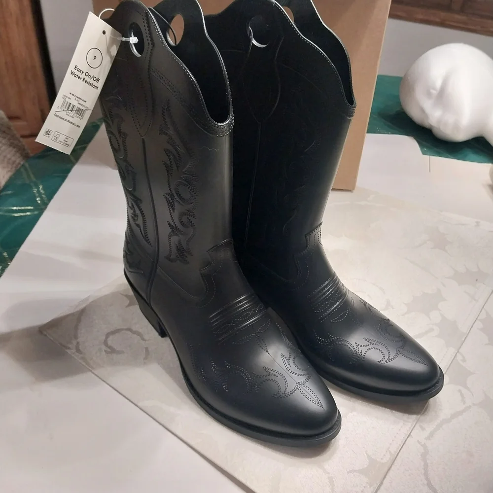 Rubber Cowboy Boots NWT Women's Size 8 Black Pull-on Rain Boots Water‎ Resistant